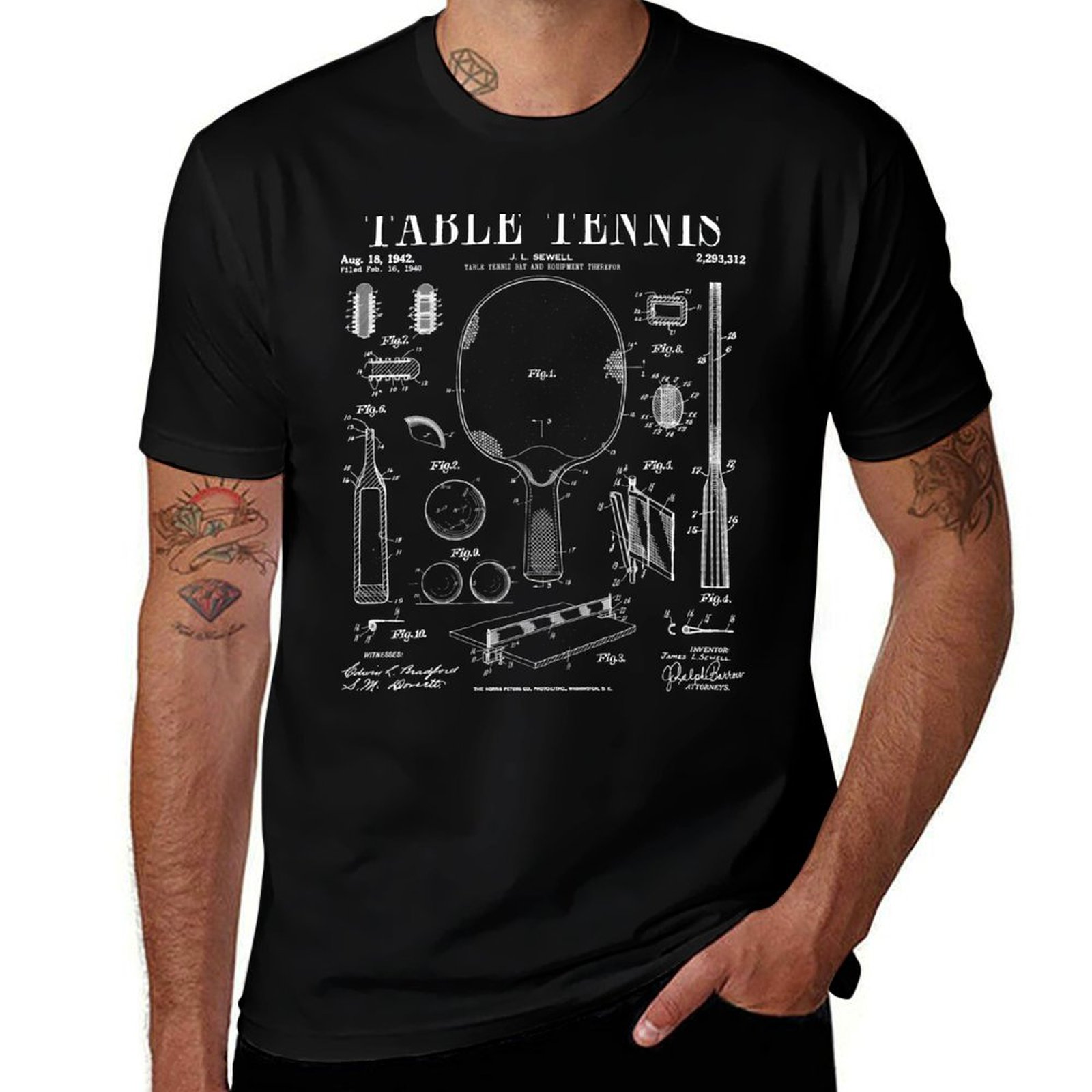 Table Tennis Drawing - 卓球ピンポンオールドヴィンテージ特許図面プリントTシャツ コットンTシャツ メンズ 100% Tシャツ