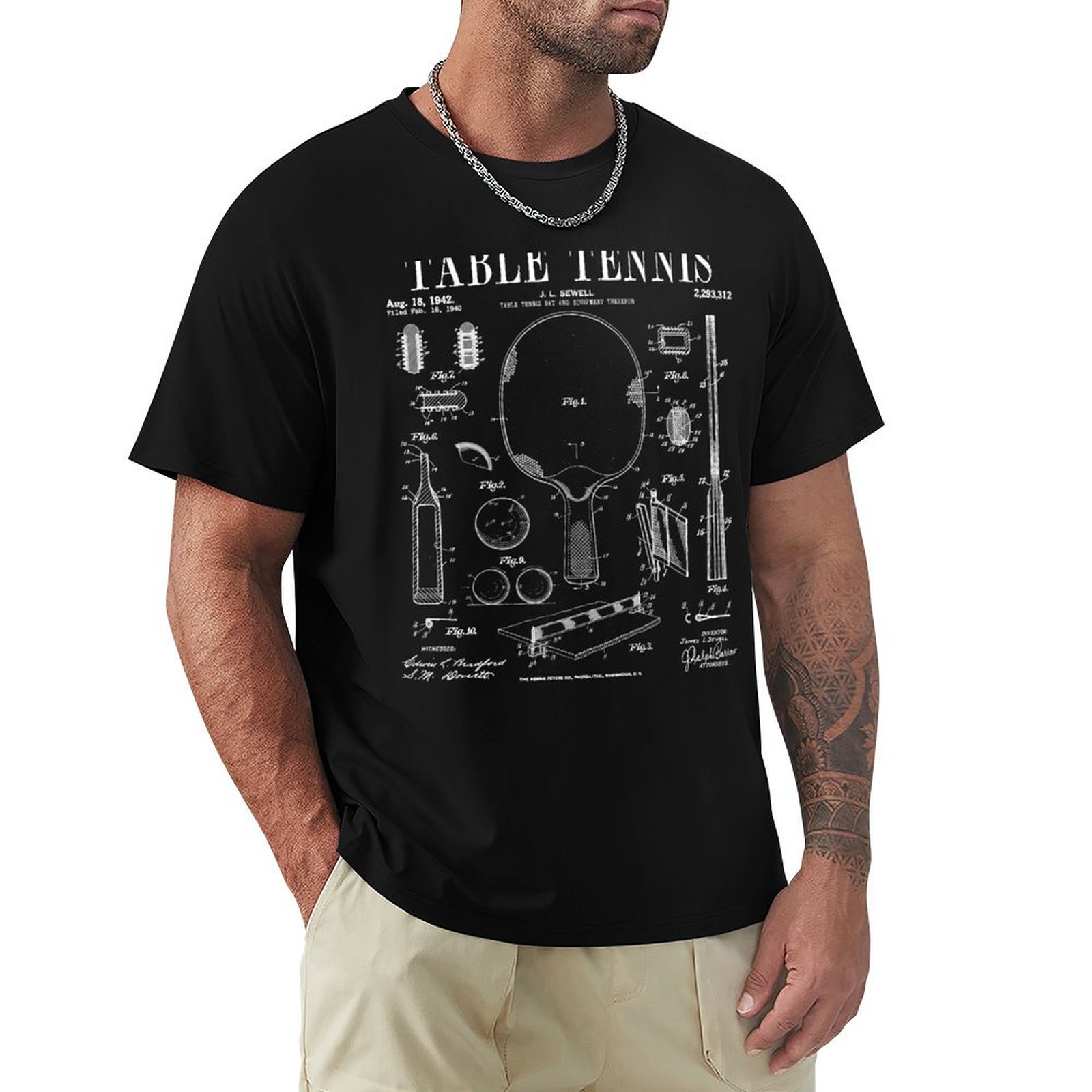Table Tennis Drawing - 卓球、ピンポン、古風なデザインの特許図をプリントしたTシャツ。メンズカジュアルTシャツ。