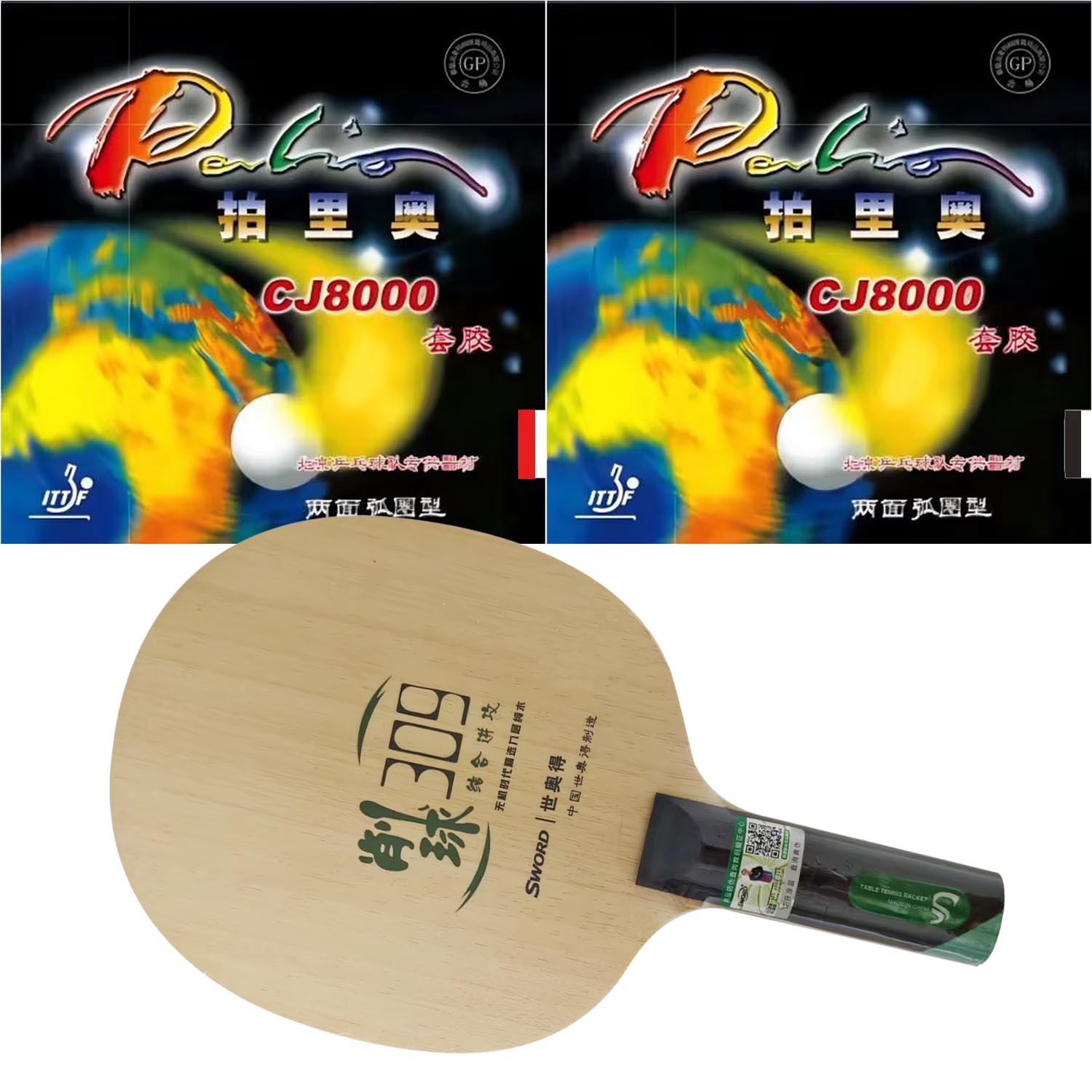Table Tennis Grip Types - プロコンボラケットソード309チョップ卓球ブレード、パリオCJ8000両面ループタイプピンプインピンポンラバー（スポンジ付き）2枚付き