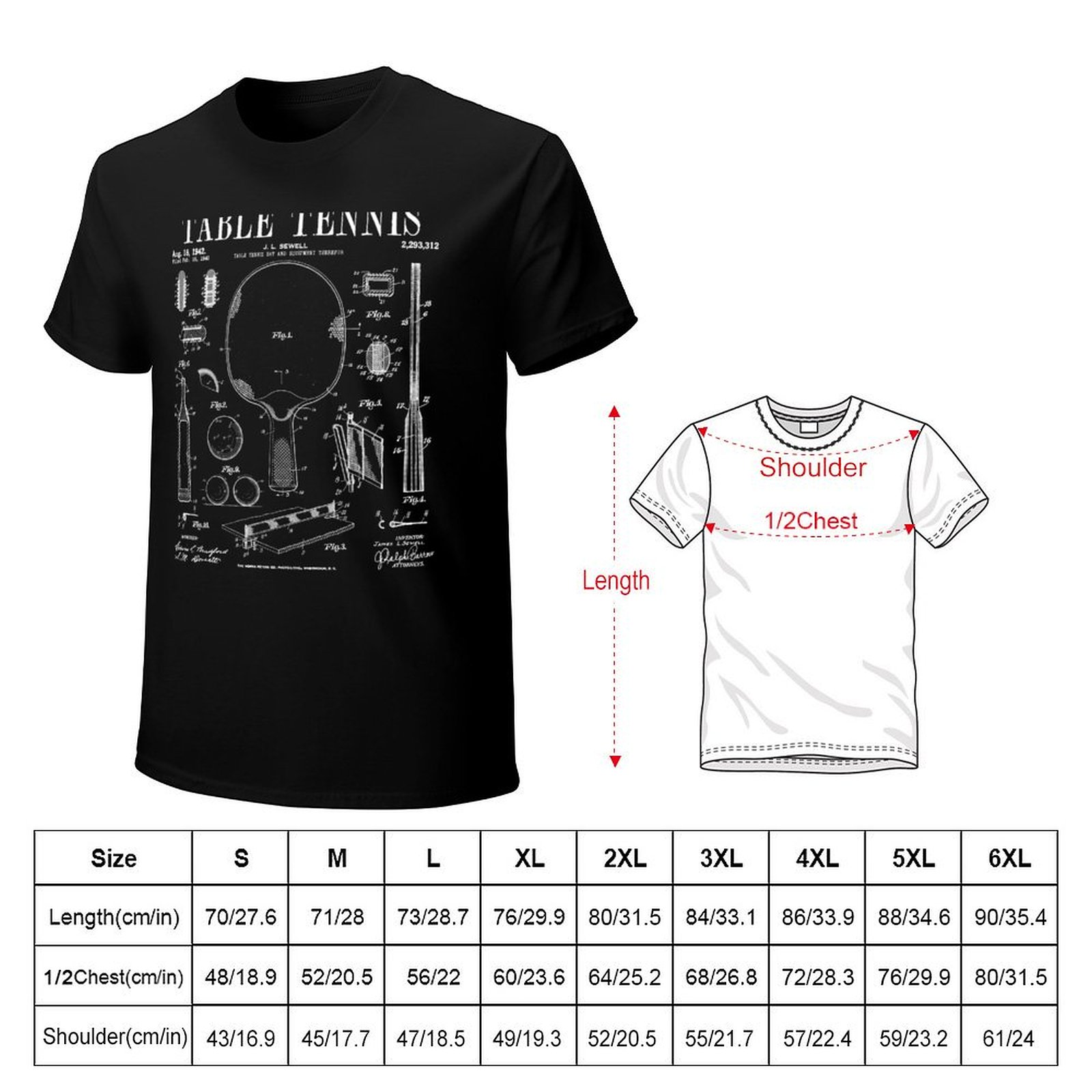 卓球、ピンポン、古風なデザインの特許図をプリントしたTシャツ - Table Tennis Drawing のレビューと価格